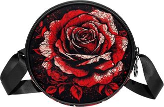 Generic Circle Crossbody Bag for Women, Red Black Rose Small Sling Bag Daypack with Zipper Adjustable Shoulder Straps Casual Ladies Girls Round Purse