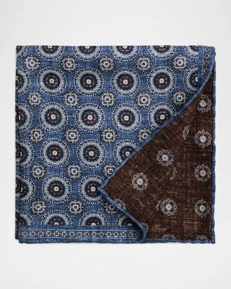 Brunello Cucinelli Men & apos;s Geometric Double-Circle Silk Pocket Square