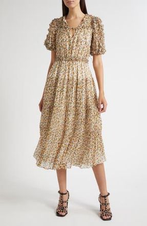 Ulla Johnson Nan Ruffle Puff Sleeve Silk Midi Dress in Swan at Nordstrom Rack, Size 2