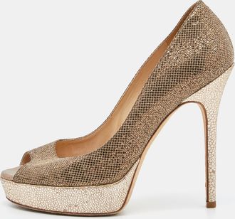 Jimmy Choo London Gold Glitter Lam&egrave; Fabric Dahlia Platform Peep Toe Pumps