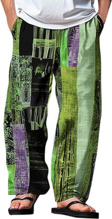 Generic Baggy Hippy Trousers 2026 Loose Fit Mens Patterned Hippie Patchwork Harem Wide Legs Elastic Waist Pants Lightweight Cotton Linen Printed Hawaiian Yoga