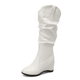 Generic Womens Fashion V-cut Wide Calf Slouch Ruched Knee High Boots Hidden Wedge Heels Round Toe Winter Shoes (White,5.5)
