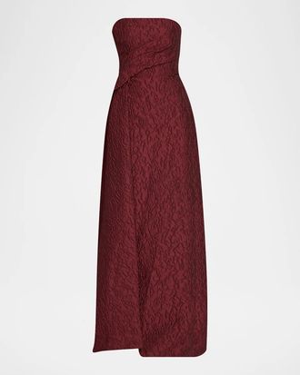 Monique Lhuillier Strapless Textured Jacquard Draped Train Column Gown