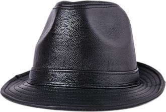 Generic Genuine Leather Fedoras Hat Men Brown Vintage Jazz Caps Classic Male Autumn Winter Retro Trilby Hat Gentleman Fedora(Svart,XXL (59-60 cm))