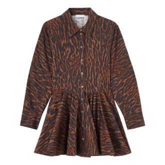 Ganni Vestido corto de algod&oacute;n el&aacute;stico con estampado y p&eacute;plum - Dresses - Mujer - Marr&oacute;n - S