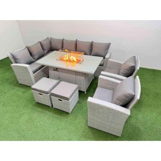 Fimous Rattan Corner Sofa Chair Set Outdoor Furniture Garden Dining Sets Gas Fire Pit Table with Temper Glass 2 Footstools Light Grey Mixed - Fimous