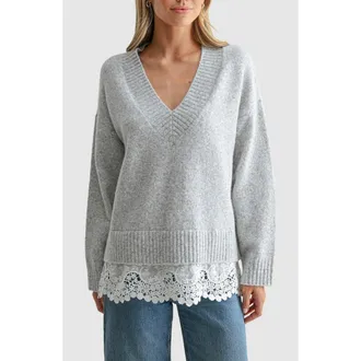 All in Favor Lace Hem V-Neck Sweater in Heather Grey at Nordstrom, Size X-Large