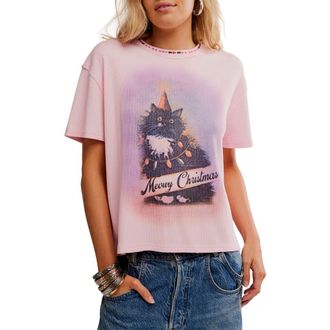Free People Merry Holiday Waffle Knit Cotton Graphic T-Shirt in Pink Combo at Nordstrom Rack, Size Medium