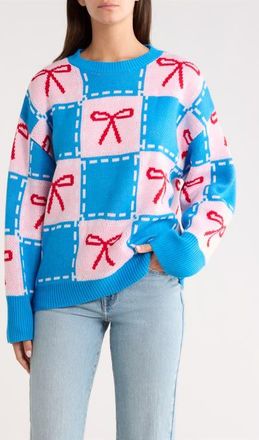 Sugarlips Belora Check Bow Oversize Sweater in Blue-Multi at Nordstrom, Size X-Small