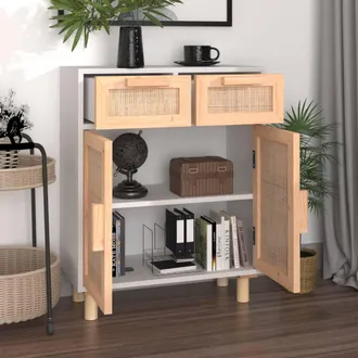 Berkfield Home Sideboard White 60x30x75 cm Solid Wood Pine & Natural Rattan | Size: 60 x 30 x 75 cm