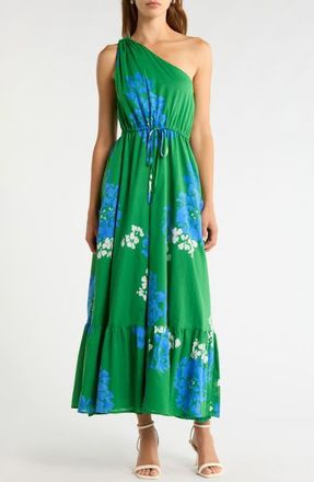 Sugarlips Hemmi Floral Print Tie Waist One-Shoulder Maxi Dress in Green-Blue-White at Nordstrom, Size X-Large