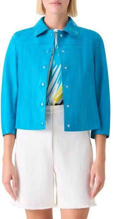 Akris Crinkle Napa Leather Trucker Jacket in Turquoise at Nordstrom, Size 10