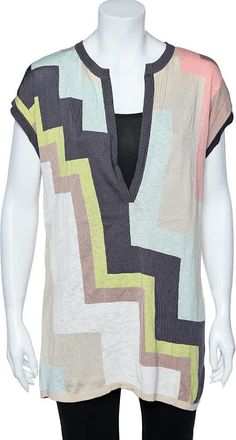 M Missoni Multicolor Geometric Pattern Cotton Knit Plunging Neck Top