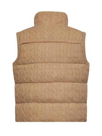 Polo Ralph Lauren Womens Padded Cable-Knit Vest Camel Wool Bomber Jackets