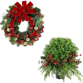 Creative Displays Inc. Modern Holiday Set With 26In Christmas Wreath & Uv-Rated Boxwood Drop-In