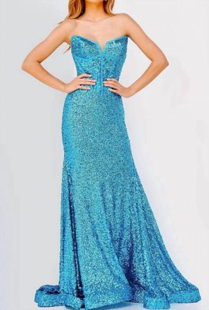 Jovani Beaded Strapless Evening Gown In Turquoise