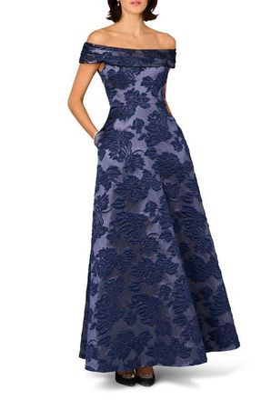 Aidan Mattox Floral Jacquard Off the Shoulder Gown in Navy at Nordstrom, Size 14