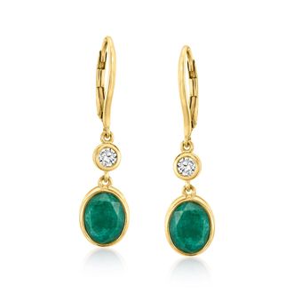 Ross-Simons Emerald Drop Earrings With. Lab-Grown Diamonds in 18kt Gold Over Sterling