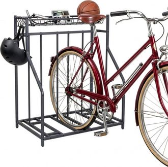 Relaxdays Soporte De Suelo Relaxdays Para 3 Bicicletas, Ajuste Universal 3-11 Cm, Cesta Y 6 Ganchos, Antracita