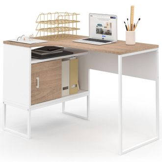 IDMarket Scrivania Angolare Rob In Bianco E Faggio Con Nicchia Di Contenimento E Anta Dal Design Industriale