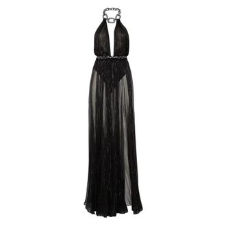 Philipp Plein Chiffon Geweven Ketting Lange Jurk - Dames - Avondkleed - Zwart - XL - Chiffon - Kleedjes