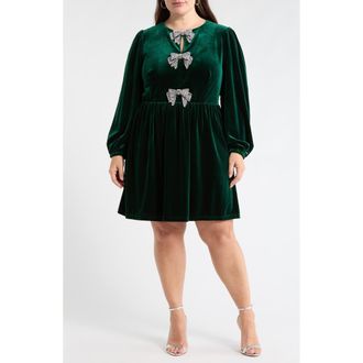 Sugarlips Glow Bow Velvet Long Sleeve Dress in Emerald at Nordstrom, Size 3X