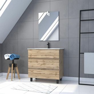 Aurlane Aurlane - Mueble De Ba&ntilde;o 80cm Con Pies Roble - Cajones - Lavabo Blanco+ Espejo Led - Timber 80- Pack47