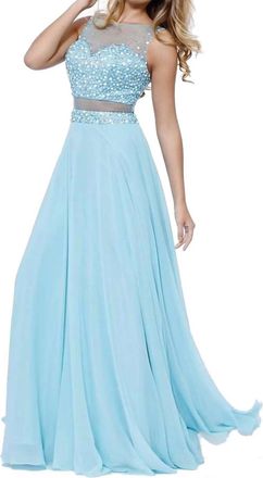 Nox Anabel Long Chiffon Beaded Dress In Aqua