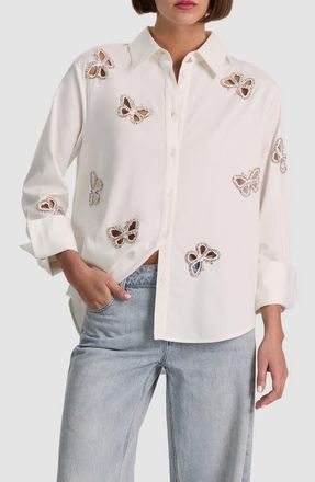 Alice & Olivia Rhinestone Butterfly Cutout Detail Button-Up Shirt in Off White/silver Crystal at Nordstrom, Size X-Large