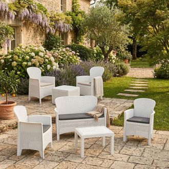 Dmora Set Sal&oacute;n Exterior Dervio, 6 Asientos, 2 Mesas Italianas, Impermeable, Blanco