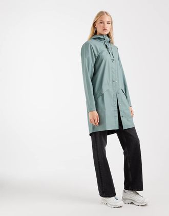 Rains 12020 giacca lunga con cappuccio impermeabile verde salvia