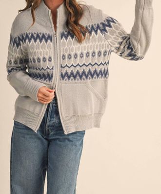 Merci Cozy Fair Isle Zip-Up Cardigan In Ash Grey