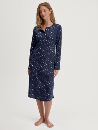 CALIDA Nachthemd CALIDA Flower Nights, Damen, Gr. XL (52/54), N-Gr, peacoat blau, Interlock, Obermaterial: 100% Baumwolle, bequem kniebedeckend, Rundhals, Kl