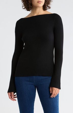 Leith Boat Neck Flare Sleeve Sculpt Sweater in Black at Nordstrom Rack, Size X-Small