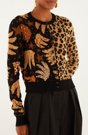 Farm Rio Banana Leopard Mix Print Jacquard Cardigan in Banana Sky Black at Nordstrom Rack, Size Xx-Small