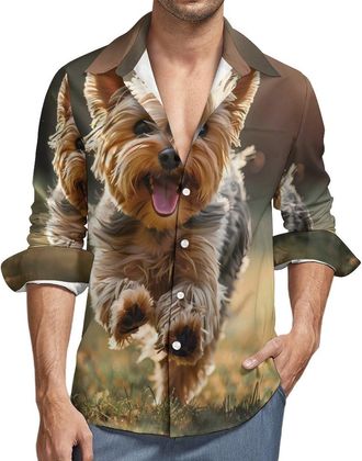 Generic Cute Yorkshire Terrier Dog Mens Dress Shirts Long Sleeve Golf Shirts Casual Button Down T-Shirt for Athletic Business XL