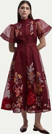 Karen Millen Embroidered Short Sleeve Midi Dress in Purple at Nordstrom, Size 10