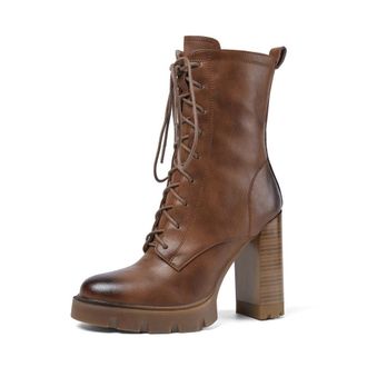 TinaCus Womens Handmade Genuine Leather Retro Round Toe Lace Up Side Zipper Platform High Heel Combat Boots, Brown, 4 UK