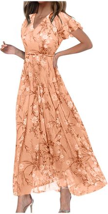 Generic Petite Dresses for Women,Summer Dresses for Women UK 2025 Causal V-Neck Button Short Sleeve Vacation Floral Dress Boho Ladies Maxi Printing Dress Part