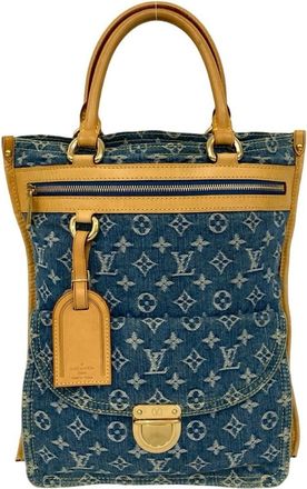 Louis Vuitton Beige Blue Denim Leather Handbag Tote Bag (Pre-Owned)