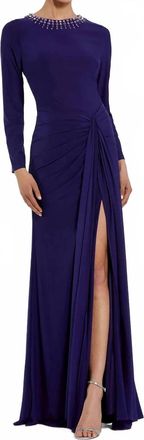 Mac Duggal Beaded Trim Jewel Neckline Formal Gown In Indigo