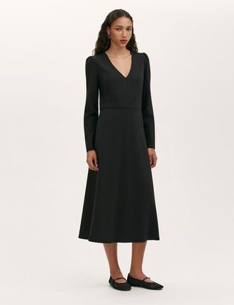 Finery Seraphina Ponte Jersey V Neck Midi Dress in Black at Nordstrom, Size 14