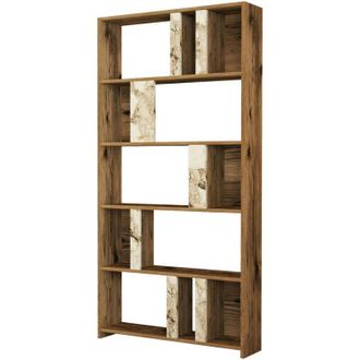 Dmora Dmora - Estante Para Libros Dbellusc, Estante De Oficina, Porta Libros M&oacute;vil, Biblioteca, 90x20h180 Cm, Nogal Y M&aacute;rmol Blanco