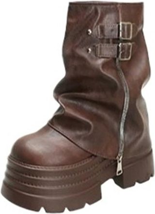 Generic Punk Shoes For Women Mid-Calf Boots 10CM High Platform Modern Boots Belt Buckle Punk Shoes Female Zip Leather Motorcycle Boots(Brown,8.5US)