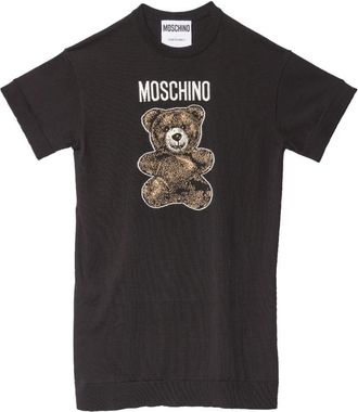 Moschino Adrian Gebreide Jurk met Beer Borduurwerk - Dames - Korte kleedjes - Zwart - L - Katoen - Kleedjes