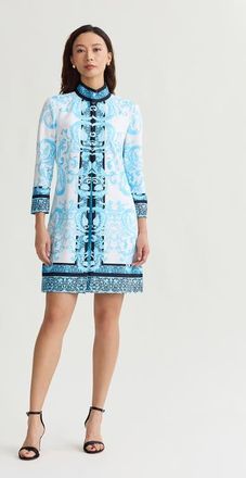 Ming Wang Heritage Lined Printed Stretch Deco Crepe Jacket in Serene/white/black at Nordstrom, Size X-Small