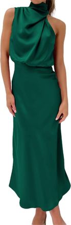 Generic Womens Mock Neck Satin Dress Elegant Sleeveless Formal Wedding Guest Dresses High Waist Evening Cocktail Dresses (Dark Green,Small)