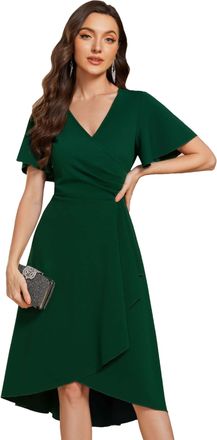 Ever-pretty Women Midi Elegant Wedding Guest Dress with V-Neck and Short Sleeve Fold Stream Chiffon Dress High-Low Dark Green 10UK