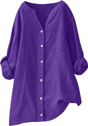 Generic Long Sleeve Shirts for Women Casual Button Up V-Neck Blouses with Front Pocket Lightweight Summer Fall Tunic Tops Ladies Longline Blouse Plus Size Pla