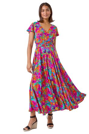 Roman Womens Floral Ruched Waist Midi Dress - Fuchsia Wood - Size 14 UK
